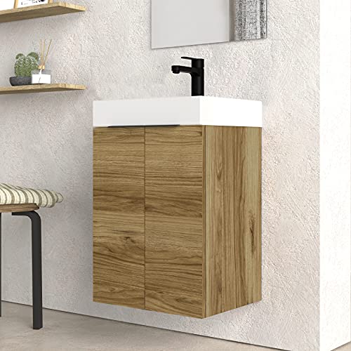 Baikal 280034090, Mueble de baño pequeño con Lavabo cerámico y Espejo con Aplique de luz LED, de Dos Puertas, Acabado en Color Teka, de fácil montado, Medidas: 45 x 36 x 60 cm