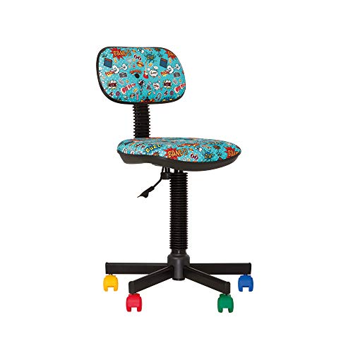 BAMBO – Silla de escritorio, infantil, ergonómica, altura del asiento de 42 cm a 56 cm, altura del respaldo ajustable, giratoria en 360°, ruedas multicolor/negras (Comics, Azul)