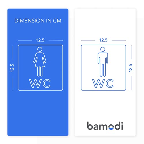 Bamodi XXL Cartel Aseos Adhesivo - Carteles WC Hombre y Mujer - Placa WC de Aluminio Cuadrada – PE-gatinas de Pared o Puerta – Acabado Acero Inoxidable – Fácil de Instalar – 2 Uds. – 12,5 x 12,5 cm