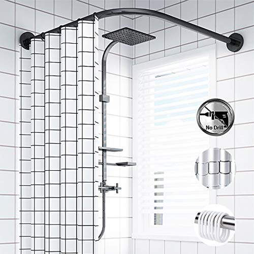 Barra Ducha Curva Negra Ajustable Forma L, Barra Tensión Extensible Barra Barra Cortina Ducha Curvada Acero Inoxidable Baño con Cortina Ducha Y Gancho,70 to 95cm × 70 to 95cm