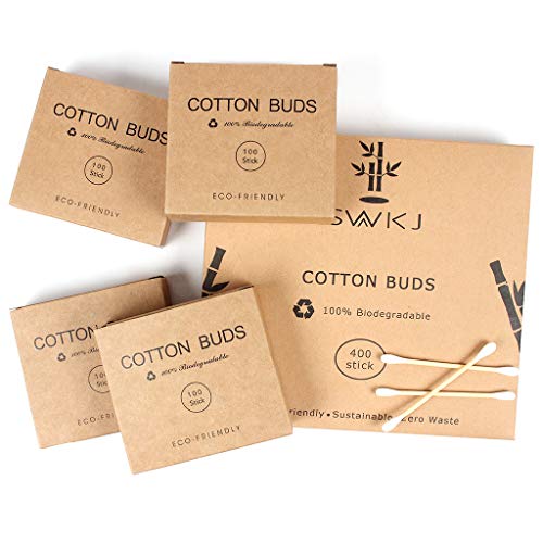 Bastoncillos de algodón en bambú, 4 paquetes de conjunto (400 piezas), Auriculares ecológicos de algodón, Bastoncillos de algodón a doble cabeza con bastones reciclables y biodegradables