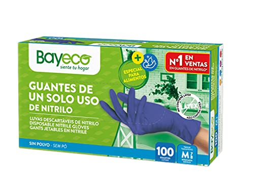 Bayeco - Guantes de un solo uso de Nitrilo - Color Azul - Ambidiestros - Terminación bordillo enrollado - Dedos texturizados para mejor agarre - Pack dispensador de 100 unidades - Talla M