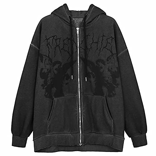 Beauace Y2K - Chaqueta deportiva de manga larga con capucha y cremallera para mujer, diseño de ángel, Negro , L