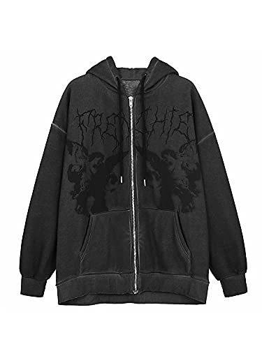 Beauace Y2K - Chaqueta deportiva de manga larga con capucha y cremallera para mujer, diseño de ángel, Negro , L