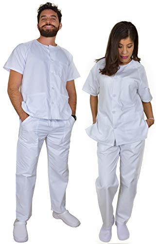 BeBright Uniformes Sanitarios Mujer y Hombre, Pijama Sanitario Blanco, Revisar Cuadro de Medidas (L)