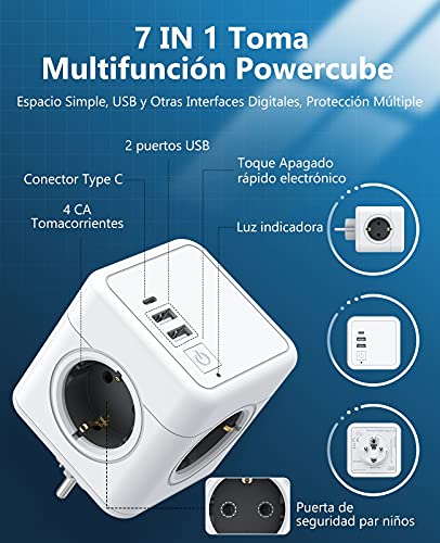 Beedove Enchufe USB, 7 en 1 Powercube Ladron Enchufes con 4 Tomas de CA, Type C y 2 Puertos USB (3.1A), Cubo Enchufe Multiple Pared con Interruptor, Compatible con Phone, Pad para Hogar Oficina Viajes
