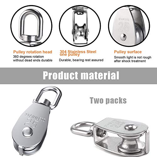 BESTZY 2pcs 25mm Poleas de Bloque de única en Plata Acero Inoxidable 304,polea monobloque grúa M25 giratoria de polea de Gancho Simple Carga de Papel 400 kg
