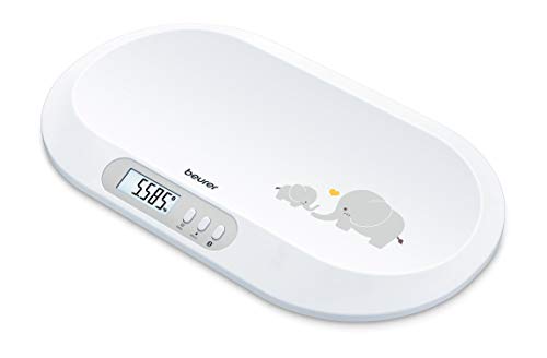 Beurer BY 90 Báscula para bebés con aplicación (iOS + Android) cinta métrica integrada, capacidad de carga de 20 kg y función de retención para bebés que dan patadas
