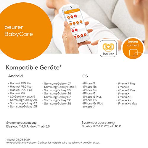 Beurer BY 90 Báscula para bebés con aplicación (iOS + Android) cinta métrica integrada, capacidad de carga de 20 kg y función de retención para bebés que dan patadas