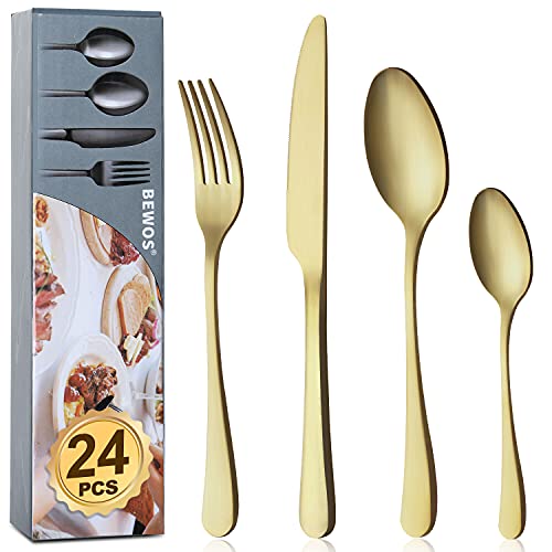 BEWOS Juego de cubiertos para 6 personas, juego de 24 cubiertos de titanio champán dorado con cuchillo, tenedor, cuchara, cubiertos de acero inoxidable, apto para lavavajillas