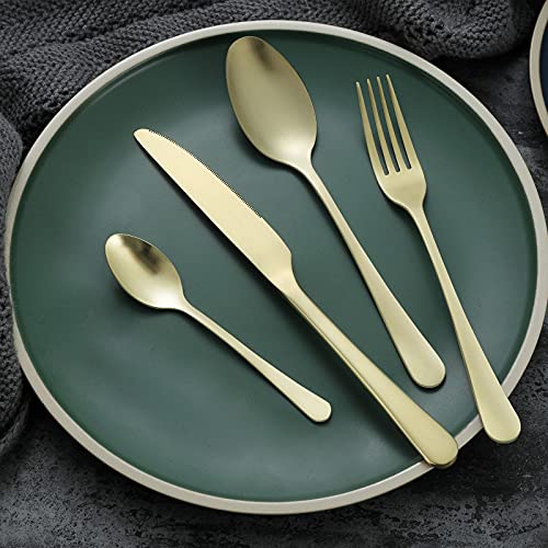 BEWOS Juego de cubiertos para 6 personas, juego de 24 cubiertos de titanio champán dorado con cuchillo, tenedor, cuchara, cubiertos de acero inoxidable, apto para lavavajillas