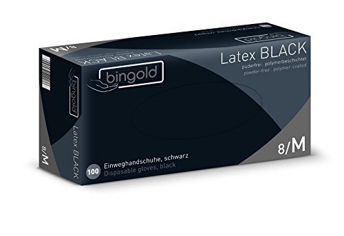 Bingold 619002 Guante de látex desechable, Polvo libre, negro, Medio, Paquete de 100