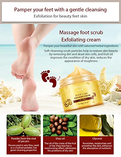 Bioaqua - Crema exfoliante para pies, delicada, limpieza de pies, aceite de karité, extractos naturales, 180 g