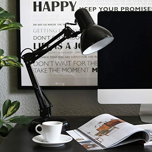 B.K.Licht - Lámpara de escritorio tipo arquitecto, flexo LED halógena, con brazo articulado giratorio, diseño vintage retro, color negro, sin iluminador