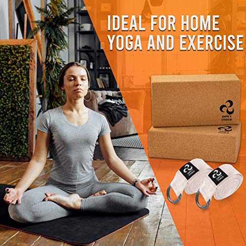 Bloques de Corcho y Correas de Yoga - Corcho Natural I 2 Bloques de Corcho y 2 Cinturon de Yoga | Cork Yoga Block firmes y sólidos I Eco Friendly I Yoga en casa