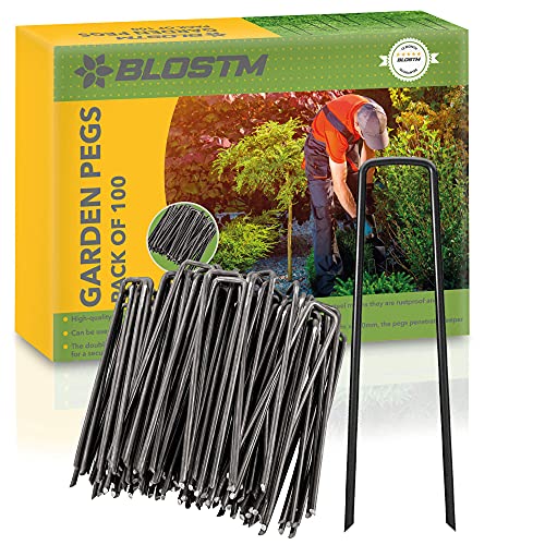 BLOSTM 100 x Galvanizada Negra Grapas Cesped Artificial Alfiler En Forma De U Ideal para Asegurar Tejido De Esteras De Malezas, Redes, Vellón, Sábanas, Láminas De Polietileno - 30 x 150mm
