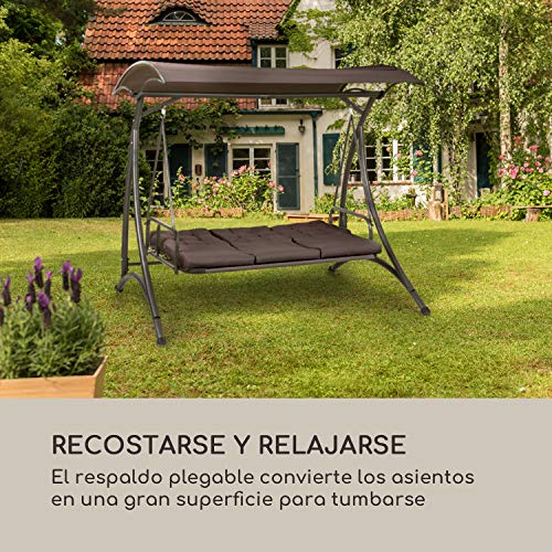 blumfeldt Marbella - Columpio balancín Hollywood, 3 plazas, Estructura Acero Revestido en Polvo, Cojines 8 cm Grosor, Fundas poliéster, Toldo arqueado, Protección UV, Respaldo reclinable, Gris