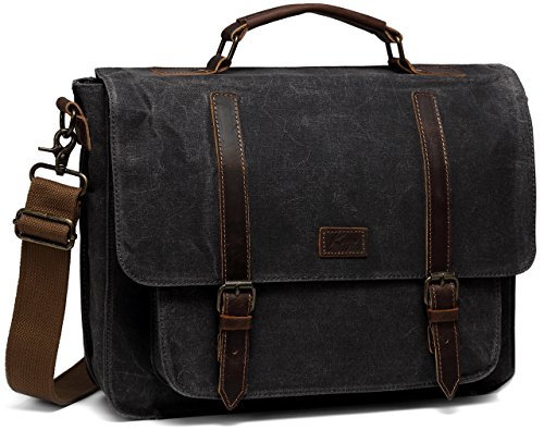 Bolso Hombre Bandolera, Kasgo Impermeable Trabajo Maletín 15.6 Pulgadas Bolsa Mensajero Hombres Bolsa Portátil Lienzo Encerado Piel Genuina Negocio Bolso Mensajero con Correa Extraíble Oscuro Gris