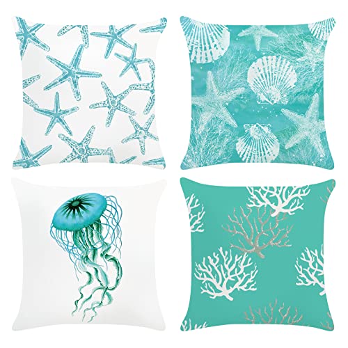 Bonhause Juego de 4 Funda de Cojín 45x45cm Océano Estrella de Mar Medusa Coral Terciopelo Suave Fundas de Almohada para Cojines Decorativos para Exterior Sofá Cama Coche Hogar