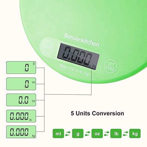 Bonsenkitchen Báscula Digital Báscula de Cocina pequeña Báscula Digital electrónica, Báscula Fina para Cocinar y Hornear en la Cocina, con Control Táctil y Sensor de Alta Precisión, Verde (KS8801)