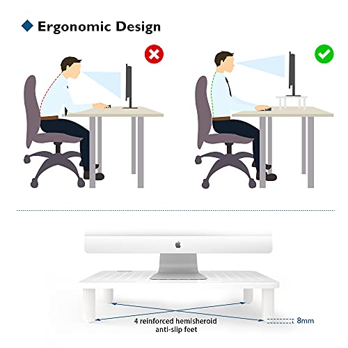 BONTEC Soporte Elevador para Monitor de Ordenador, Soporte Elevador con Plataforma de Malla para computadora portátil, iMac hasta 25 kg Soporte para bolígrafos, Ranura de gestión de Cables (Blanco)