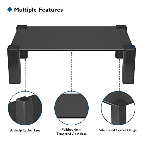 BONTEC Soporte Monitor de Vidrio Negro, Soporte de Monitor de Ordenador de Sobremesa de Altura Ajustable para Portátil, Ordenador, iMac, Impresor hasta 40kg (A380 x P240 mm)