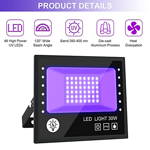 BOSITE 30W LED Luz Negra,Luz Ultravioleta LED Con Enchufe IP66 Impermeable Foco Fluorescente Exterior,Lampara Luz Foco UV Luz Negra para Halloween,Bar,Club,DJ Discoteca,Fiesta,Pinta Corporal