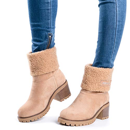 Botas Mujer Invierno Forradas Cálidas Botines Serraje Tacón Ancho Medio 6CM Plataforma Zapatos Nieve Cómodos Casual Caqui EU 38