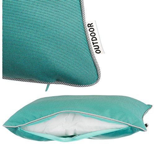 Brandsseller Cojín decorativo para jardín al aire libre con ribete, teñido de hilo, resistente a la suciedad y al agua, con cremallera, tamaño: 45 x 45 cm (pack de 4 unidades), color turquesa