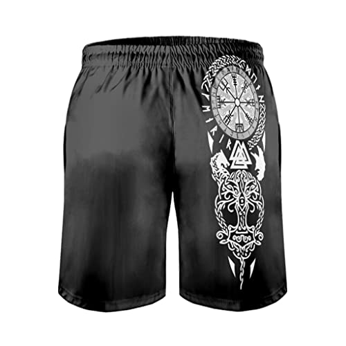 Buweirezhi Bañador para hombre, de lino, vikingo, árbol, lobo, cuervos, Vegvisir Valknut, traje de baño para hombre, con bolsillos, blanco, M