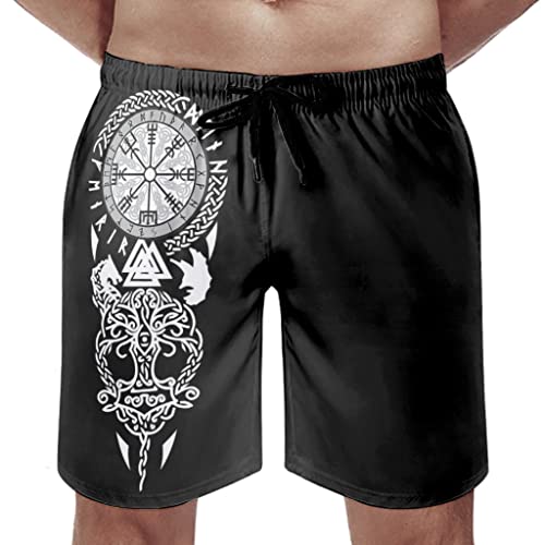 Buweirezhi Bañador para hombre, de lino, vikingo, árbol, lobo, cuervos, Vegvisir Valknut, traje de baño para hombre, con bolsillos, blanco, M