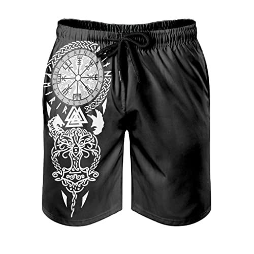 Buweirezhi Bañador para hombre, de lino, vikingo, árbol, lobo, cuervos, Vegvisir Valknut, traje de baño para hombre, con bolsillos, blanco, M