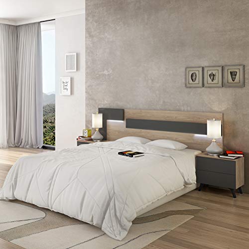 Cabezal con Led para Cama de Matrimonio, cabecero Modelo Lica Led, Color Roble y Grafito, Medidas: 210 cm (Ancho) x 55 cm (Alto) x 3 cm (Fondo)