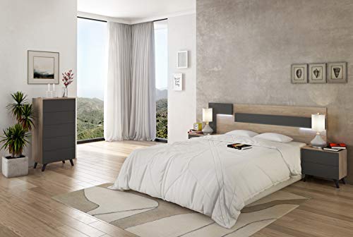 Cabezal con Led para Cama de Matrimonio, cabecero Modelo Lica Led, Color Roble y Grafito, Medidas: 210 cm (Ancho) x 55 cm (Alto) x 3 cm (Fondo)