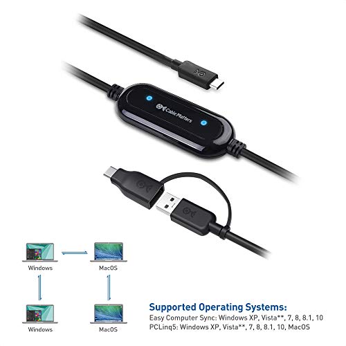 Cable Matters USB-C to USB-A Data Transfer Cable PC to PC for Windows and Mac Computer in 6.6 Feet, PClinq5 and Bravura Easy Computer Sync Software Included
