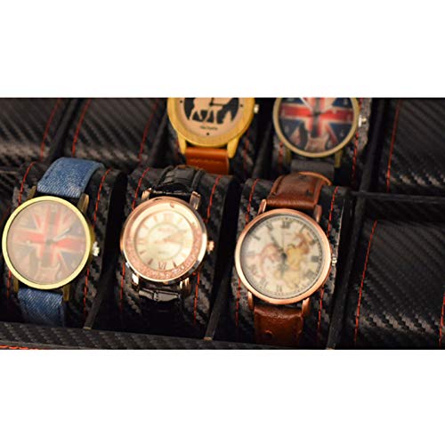 Caja de Almacenamiento de Relojes Estuche para Exhibición de Relojes Cuero Fibra de Carbono Joyería Pulsera Colección Organizador con Tapa de Vidrio (6 Ranuras)