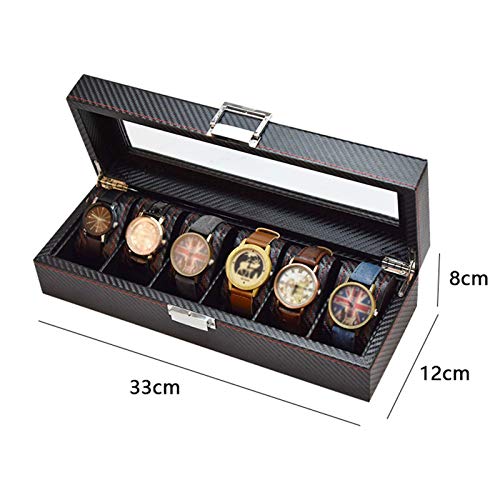 Caja de Almacenamiento de Relojes Estuche para Exhibición de Relojes Cuero Fibra de Carbono Joyería Pulsera Colección Organizador con Tapa de Vidrio (6 Ranuras)