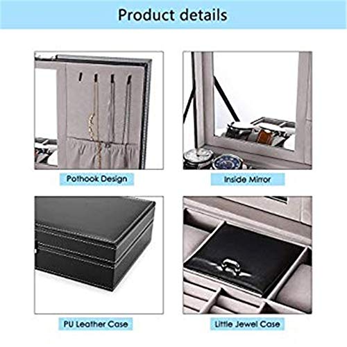 Caja de Reloj Joyero Reloj de madera Exhibición de la joyería Caja de reloj, caja de cuarzo de 8 cuadrículas Hombres Mujeres Bandeja de pulsera Caja de regalo de cuero PU con cerradura y espejo Negro
