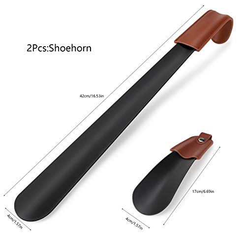 Calzador de Zapatos Largo, 42CM+16CM Calzador de Calcetines Metálico, Calzador de Acero Inoxidable con Mango de Cuero, Shoe Horn Cómodo de Usar para Viejos/Hombres/Mujer/Niños/Embarazadas