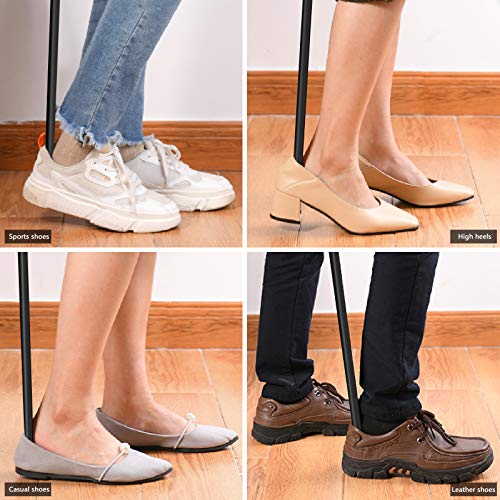 Calzador de Zapatos Largo, 42CM+16CM Calzador de Calcetines Metálico, Calzador de Acero Inoxidable con Mango de Cuero, Shoe Horn Cómodo de Usar para Viejos/Hombres/Mujer/Niños/Embarazadas