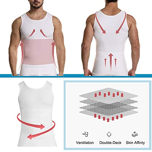 Camiseta Reductora Hombre Compresión, Camisetas Interiores Tirantes, Fajas Moldeadora Adelgazantes - Alta Elasticidad para Comprimir Pecho Abdomen y Cintura (Blanco, XL)