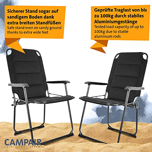 CampAir Silla Plegable para Camping 2 Unidades Aluminio Acolchado, 49x44cmx97cm, Negro