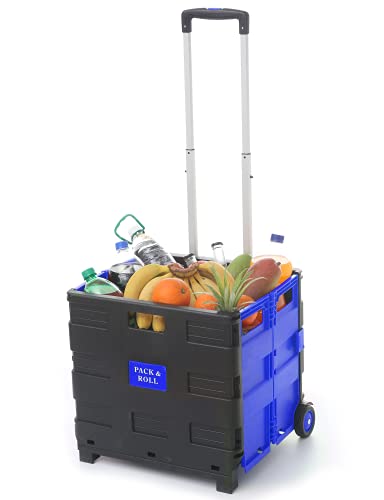 Carretilla con Caja de Transporte - 2 Ruedas - Hasta 35 kg de Carga - Asa de Aluminio Extensible - Multiusos - Color Azul
