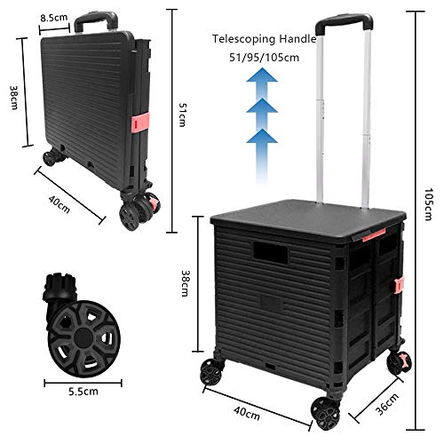 Carretilla de mano plegable con tapa, rueda giratoria sin ruido resistente al desgaste de 360 ° y carro de arranque con manija de aleación de aluminio ajustable, capacidad de carga de 45 kg / 99 lb