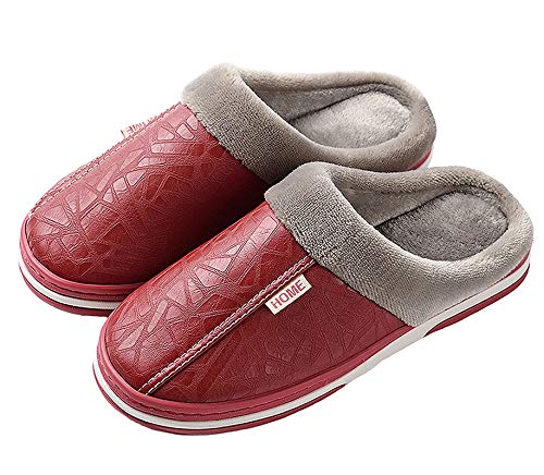CELANDA Zapatillas de Estar por casa para Mujer Impermeables de PU Pantuflas Térmicos de Invierno Suave Algodón Casa Zapatos Cómodo Y Antideslizante (A Rojo 36/37 EU=Talla fabricante:37/38)