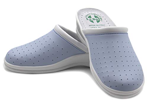 Chanclas sanitarias anatómicas para hombre y mujer, zapatillas ortopédicas cómodas con empeine de auténtica piel perforada, fabricadas en Italia, Azul Mujer, 38 EU
