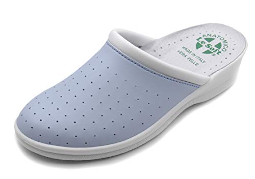 Chanclas sanitarias anatómicas para hombre y mujer, zapatillas ortopédicas cómodas con empeine de auténtica piel perforada, fabricadas en Italia, Azul Mujer, 38 EU