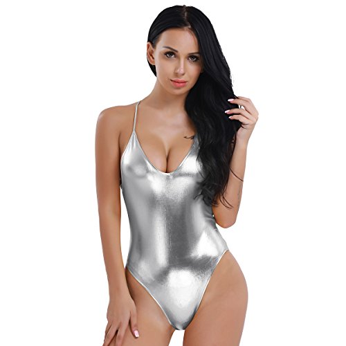CHICTRY Mujer Maillot Danza Ballet Charol Brillante Leotardo Body Clásico Gimnasia sin Mangas Maillot de Tirantes Baile para Mujer Adultos Plateado L