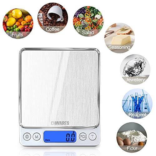 CHWARES Báscula de cocina digital con carga USB, báscula digital de 0.1g/3 kg, Báscula electrónica fina, función PSC/Tara,Báscula Digital para Cocina con Carga USB,Balanza de Alimentos Alta Precisión