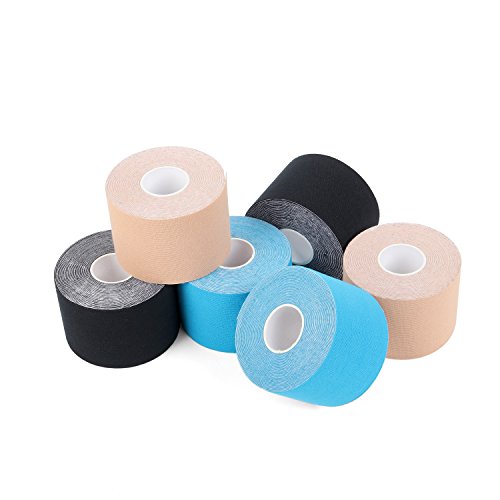 Cinta de Kinesiología Superbe (paquete de 6), Cinta elástica terapéutica para deportes atléticos, alivio del dolor, recuperación y fisioterapia, 5 cm x 5 m (2 Negro, 2 Beige, 2 Azul)